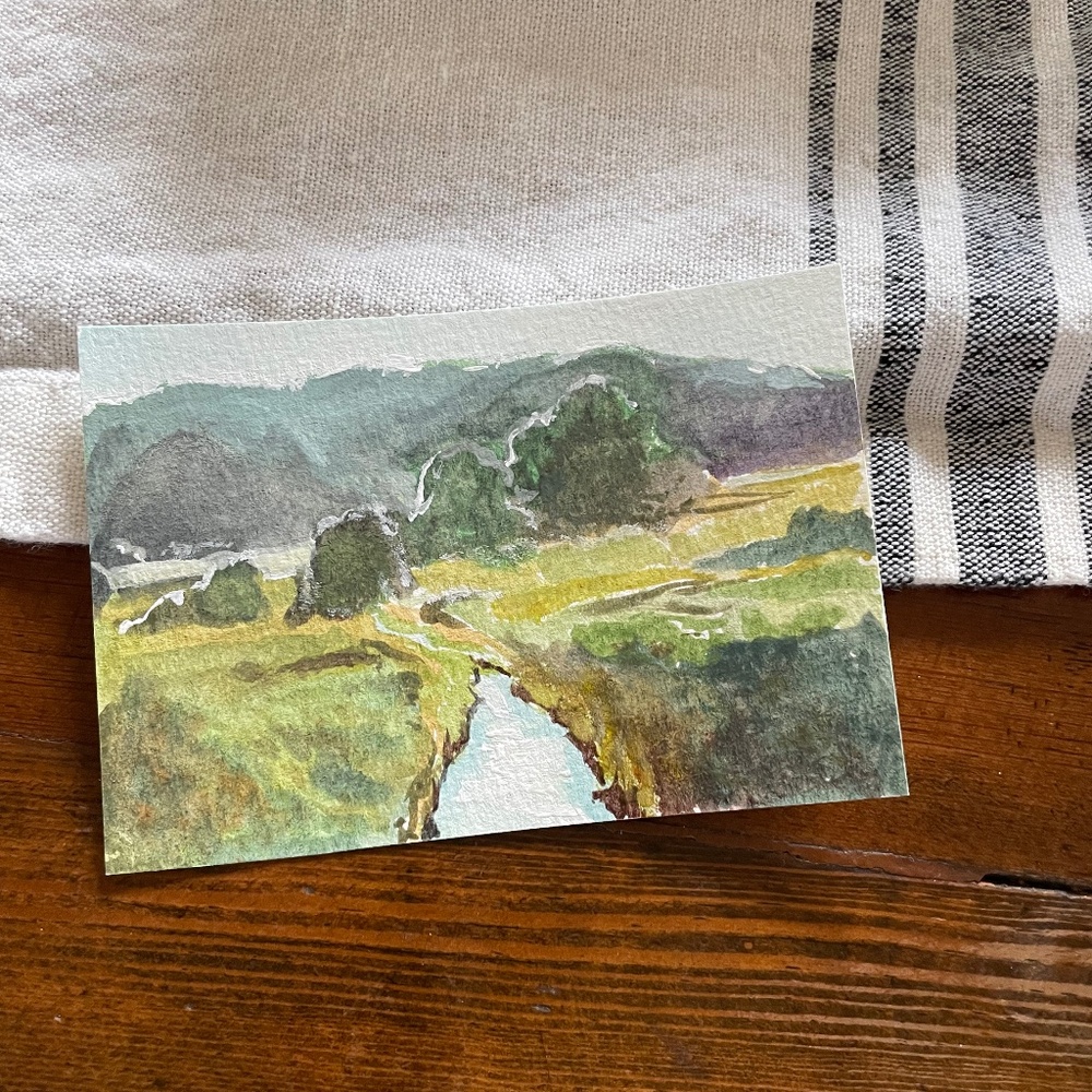 Original Watercolor painting landscape scenery hillside river stream trees field